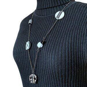 💀 Handmade - Skull long necklace - ruban beads fabric - black white